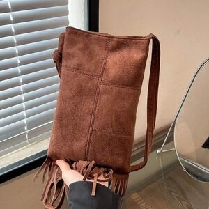 Faux Suede Fringe Crossbody Bag Dark Brown Patchwork Festival Purse‎